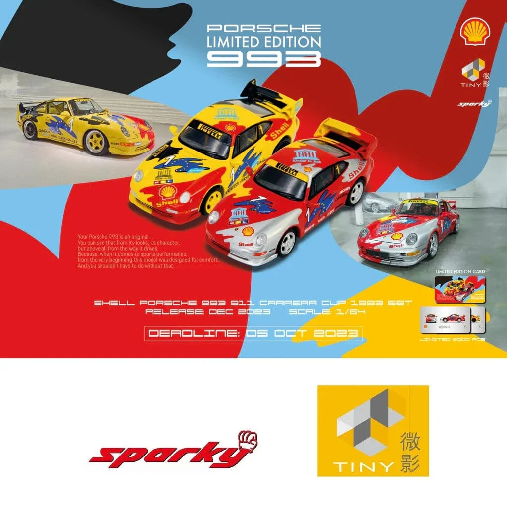 2x car set Porsche 993 Carrera Cup 1993 Shell Combo with rear spoiler Sparky 1/64