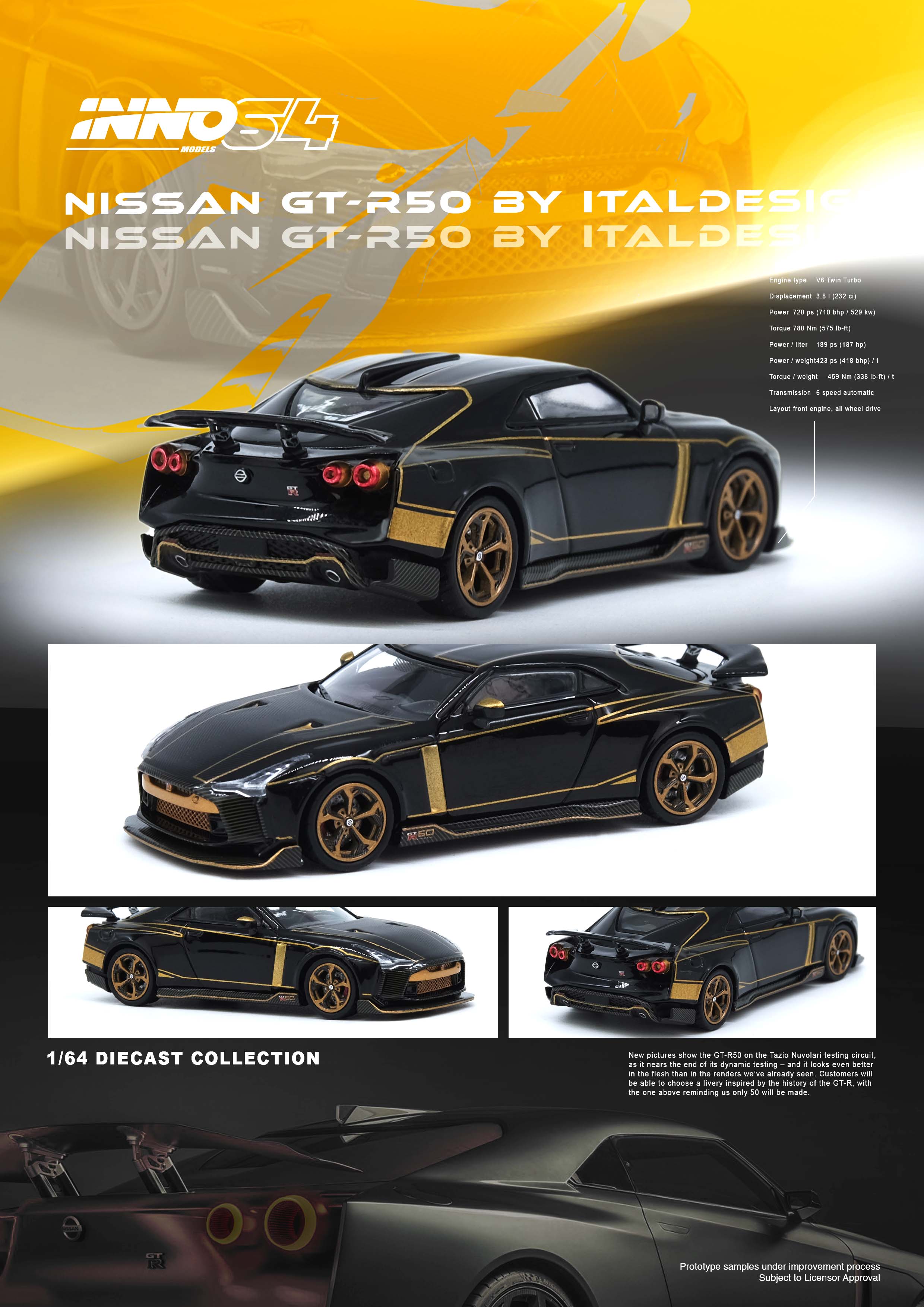 Nissan Skyline GT-R R50 by Italdesign Black & Gold Inno64 1/64 scale