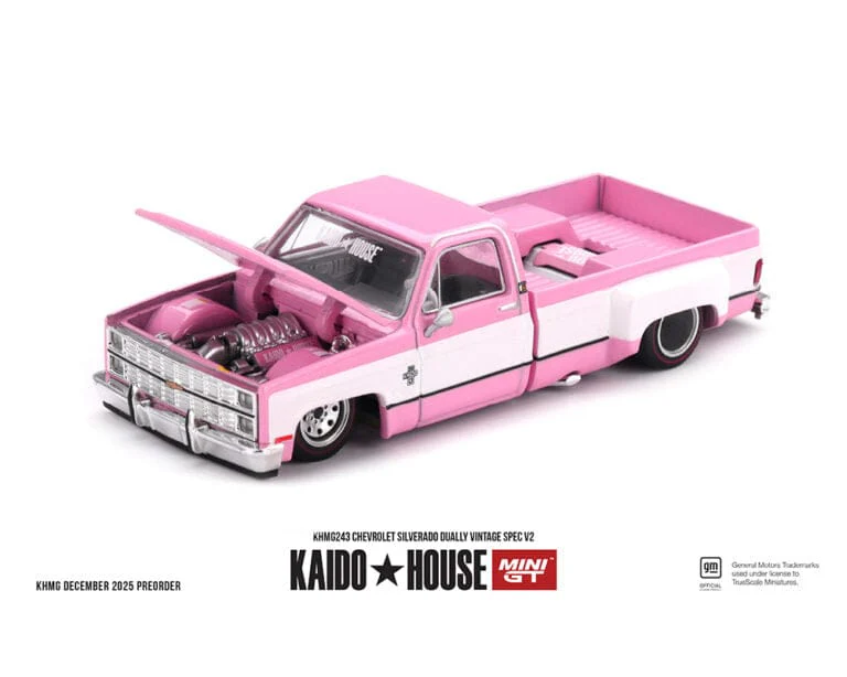 (PRE-ORDER) Chevrolet Silverado Dually Vintage Spec V2 Pink with White Kaido House Mini GT 1/64 scale