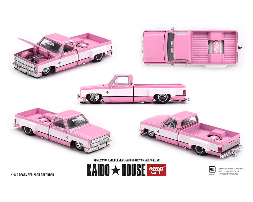 (PRE-ORDER) Chevrolet Silverado Dually Vintage Spec V2 Pink with White Kaido House Mini GT 1/64 scale - Image 2