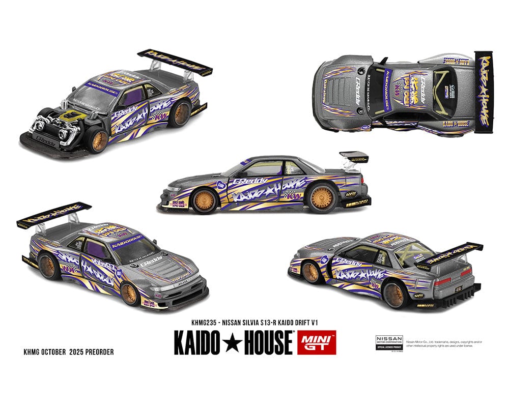 (pre-order) Nissan Silvia S13-R Kaido Drift V1 Greddy Gunmetal Gray Kaido House Mini GT 1/64 scale